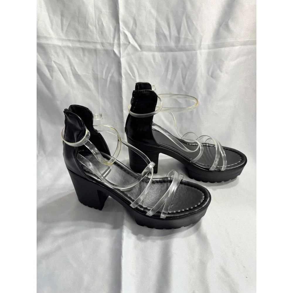 Womens Black Platform Lug Sole Sandals Clear Vinyl Straps Chunky Block Heel Y2K